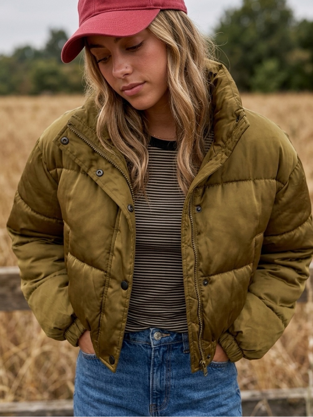 NEW Outerwear Olive Cropped Puffer Jacket - Women Sz L